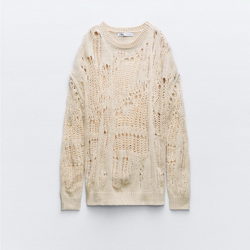 Zara Beige Distressed Knit Sweater